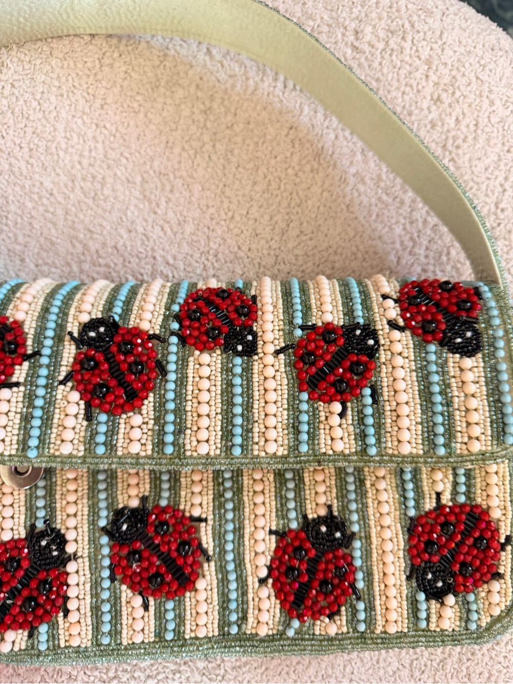 India Boutique Beaded Ladybug Shoulder Bag in Red, Black, Cream and Light Blue